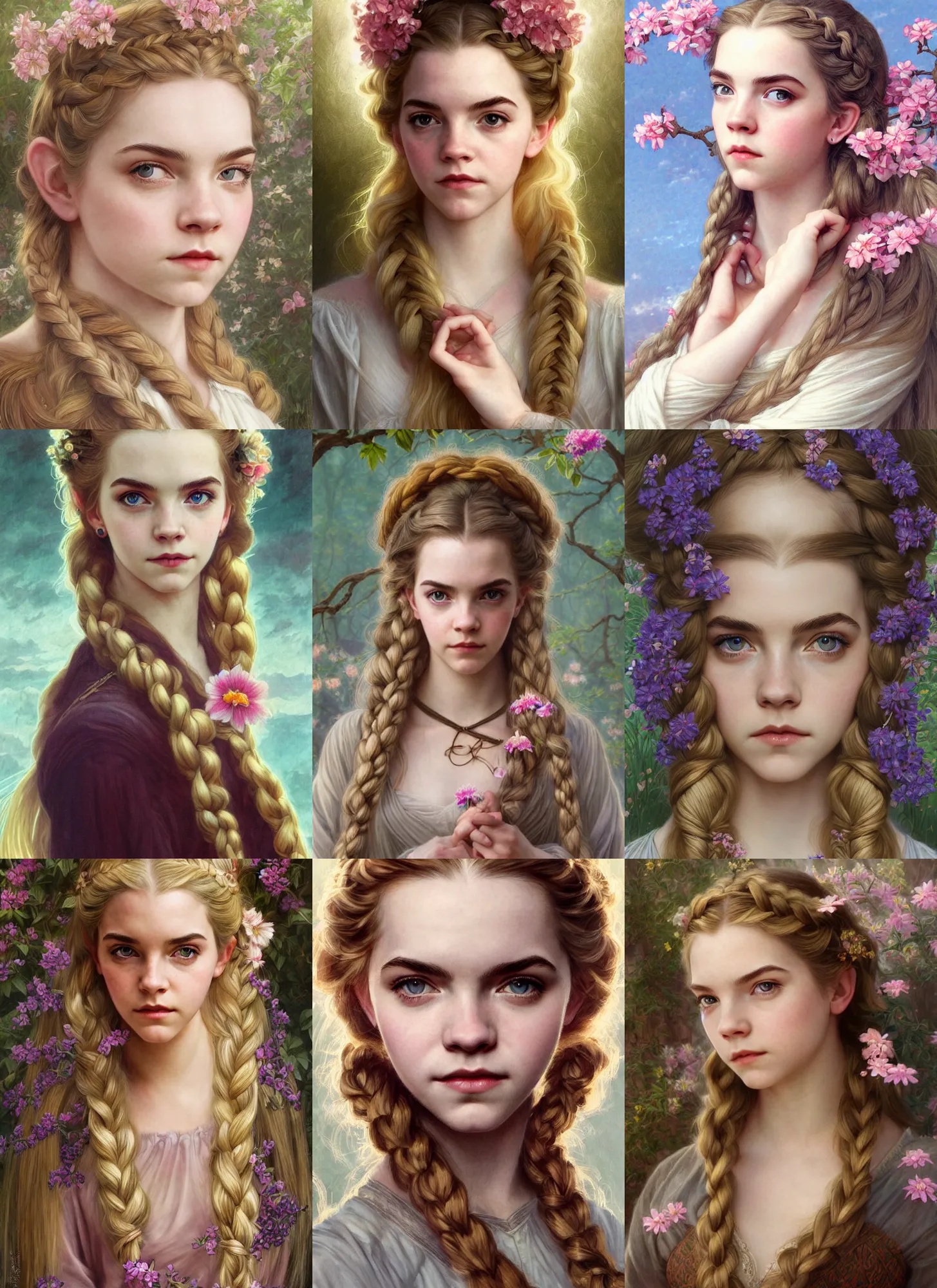 Prompt: portrait anya taylor-joy, emma watson, beautiful elvish goddess with flowers in long blond braided hair, shining, 8k highly detailed, sharp focus, illustration, art by artgerm, mucha, bouguereau