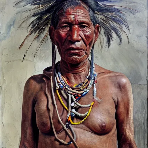 Image similar to high quality high detail painting by lucian freud and jenny saville, hd, full body of a indigenous tribe leader, photorealistic lighting