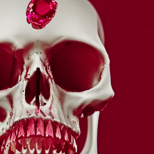 Image similar to An 8k cinematic film still of a skull made of ruby crystal.