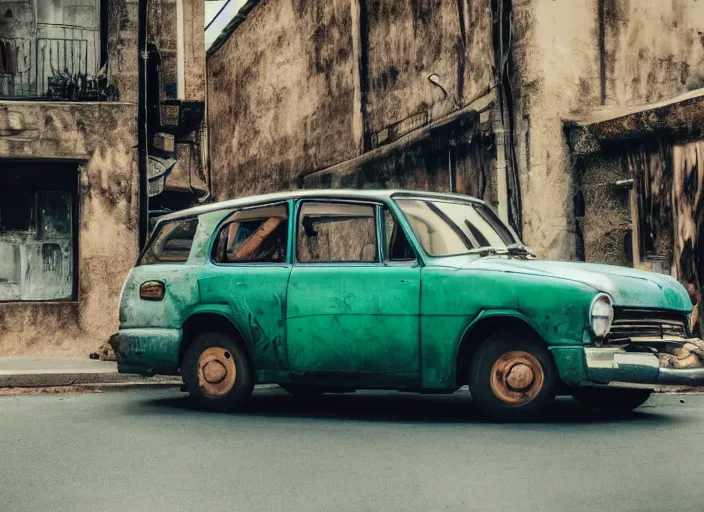 Image similar to an ugly old car driving in a narrow road, award winning photo, 4 k, photolab, polaroid photo