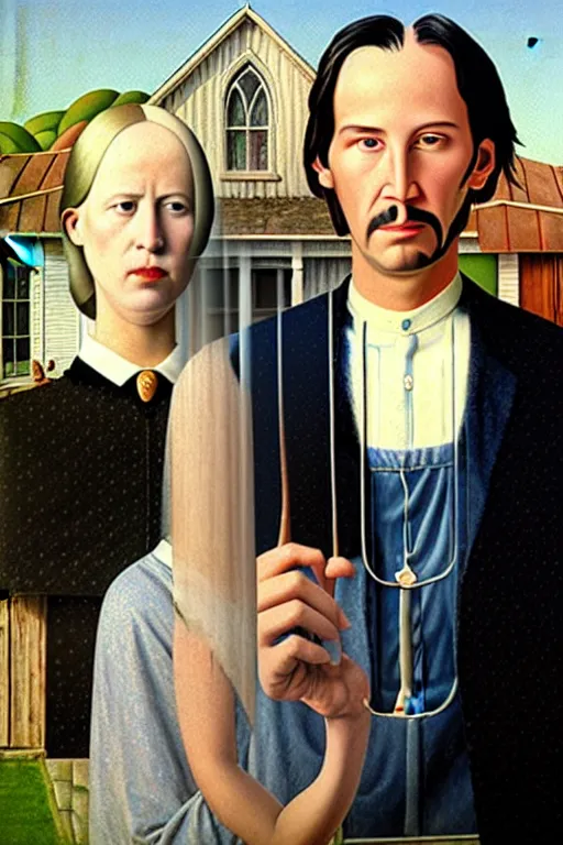 Image similar to painting of Keanu Reeves and Lady Gaga as the couple in American Gothic in the style of Grant Wood