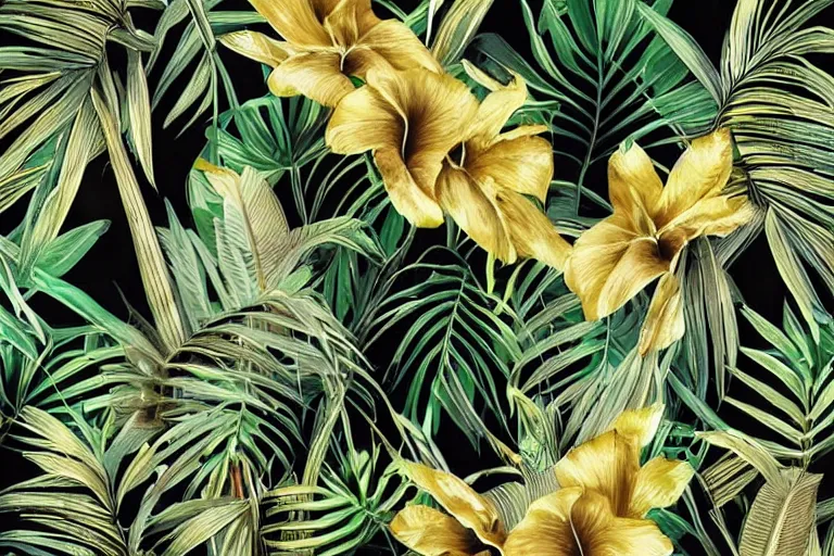 Prompt: photorealistic print of exotic, elegant tropical prints : : black background, green surreal plants, golden flowers, art nouveau, trending on artstation