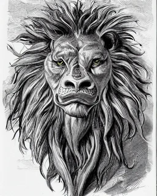 Image similar to a creature with the body and eyes of a man, with the beak of an eagle, the mane of a lion, and the horn of a bull. drawn by moebius