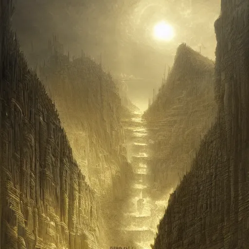 Prompt: the tragic end of the city of gold, artwork by Raphael Lacoste and Gustave Dore, digital art, high detail, trending on art station
