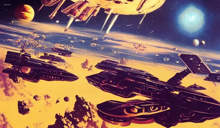 Image similar to !dream A space battle , deep space and galactic fleet at war with aliens in the style of Syd Mead , Chris Foss .