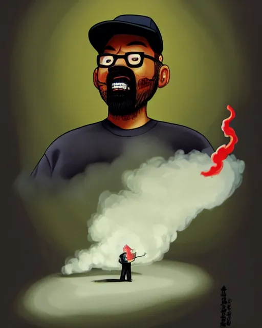 Image similar to painting portrait of big smoke evaporating as smoke, cartoon, warm lighting. big smoke's body is smoke. movie poster, illustration by bartek fedyczak, erak note, tooth wu, neil richards, kan liu, siwoo kim, jisu choe, trending on art station