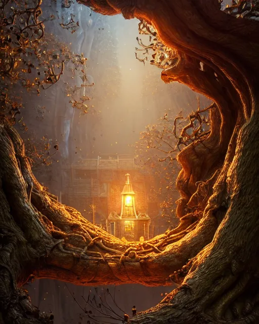 Prompt: a tilt - shift town in the hollow of a tree, studio lighting, golden ratio, details, scifi, dark fantasy, intricate, decadent, ornate, highly detailed, digital painting, octane render, ray tracing reflections, 8 k, artstation, concept art, smooth, sharp focus, illustration, art by artgerm, loish, by wlop