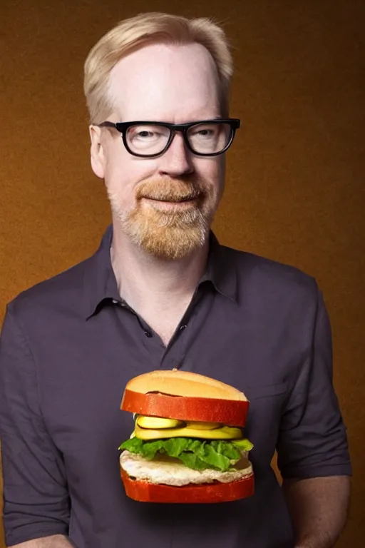 Image similar to 📷 portrait of adam savage the sandwich, made of food, still image, dynamic lighting, 4 k