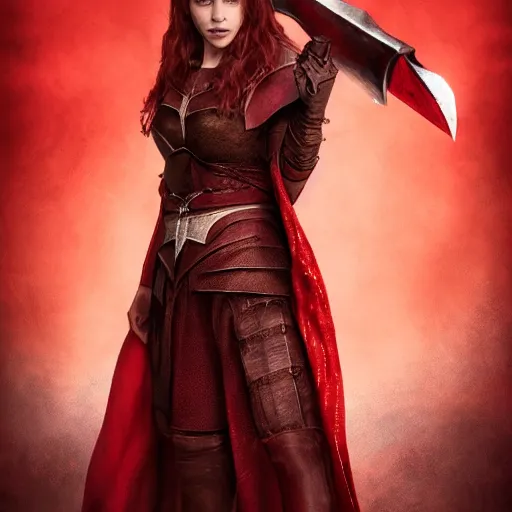 Image similar to emilia clarke, as a medieval fantasy character, with dark red hair, wearing light armor and red clothing, holding a longsword, determined expression, noble, cinematic, dark, realistic, digital art, 8 k