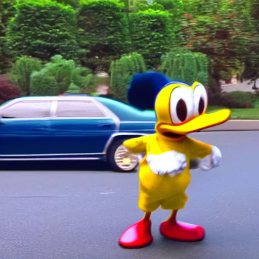 Prompt: Donald duck stealing a car, dash cam footage, wide angle lens