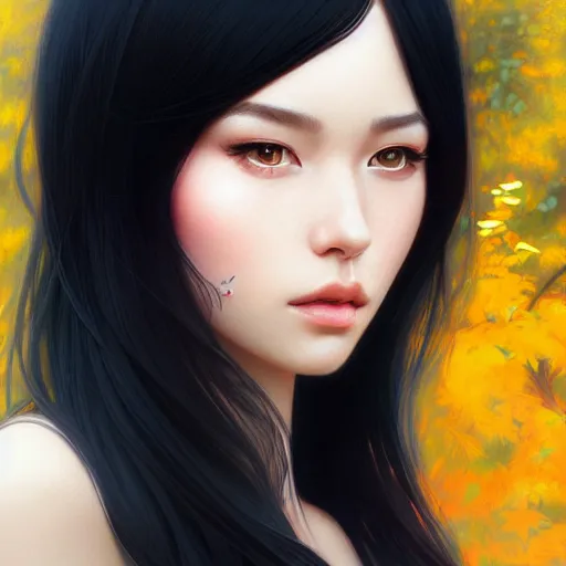 Image similar to a beautiful girl with long black hair, royal garden background, sharp focus, intricate, digital painting, artstation, highly detailed, ambient lighting, portrait by Rossdraws, artgerm, Ilya Kuvshinov, and Greg Rutkowski