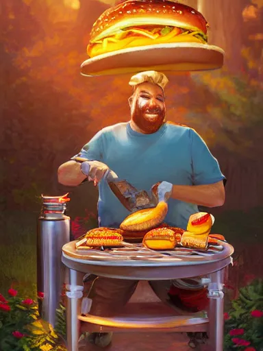 Prompt: a happy middle aged man fliping burgers in the grill on the lawn. intricate, elegant, highly detailed, digital painting, artstation, concept art, sharp focus, illustration, by justin gerard and artgerm, 8 k