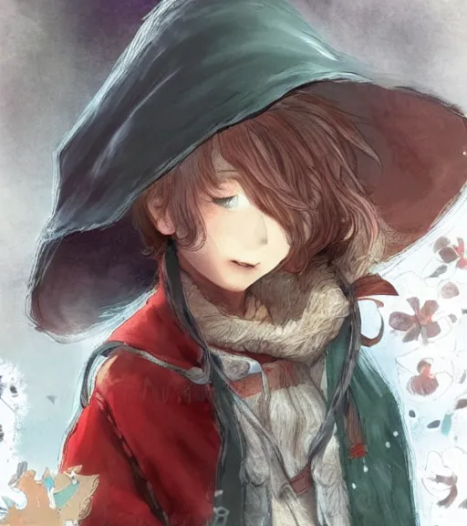Prompt: attractive little boy character inspired in little red riding hood and venti, digital artwork made by akihiko yoshida and makoto shinkai
