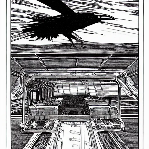 Prompt: a levitating raven train, sci - fi by moebius