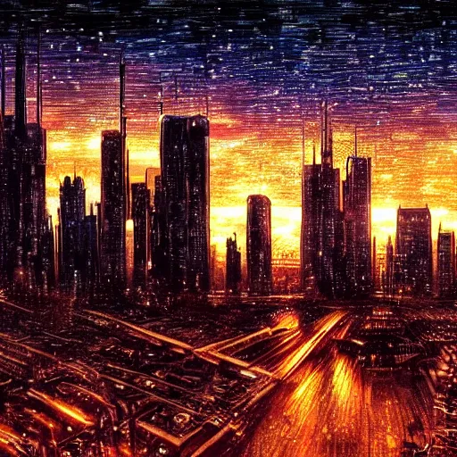 Image similar to cyberpunk dystopian city during a sunset in the style of starry night