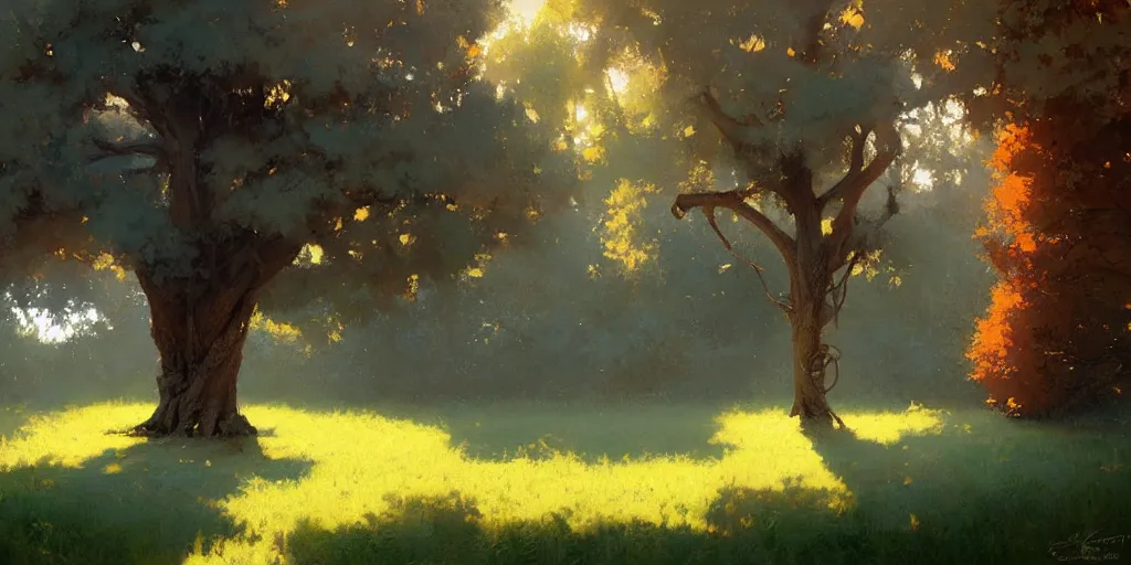 Image similar to digital art painting of a single tree in the middle of a front yard painted by craig mullins and gaston bussiere and greg rutkowski