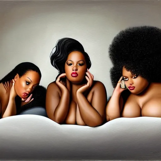 Image similar to photorealistic, stunning, coherent, beautiful painting, still of a group of black bbw models taking a picture of each other posing in the same bed , they are all laying down, one of them is on the phone with her boyfriend , 3d, in the style of pixar, smooth, 3d, highly detailed, highly detailed, sharp focus, bokeh, depth of field, 16k resolution, Unreal Engine 5, coherent, cinematic lighting, photorealistic