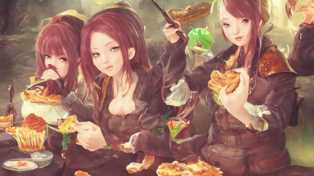 Image similar to waifu eating borgar , fantasy artwork, award winning, very very very very very very very beautiful, artstation