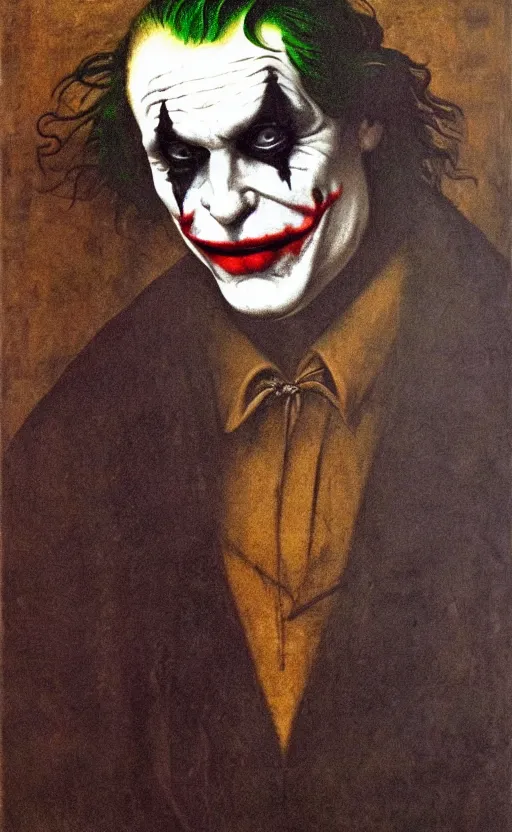 Image similar to portrait of The joker by Leonardo da Vinci, renaissance painting, high quality scan