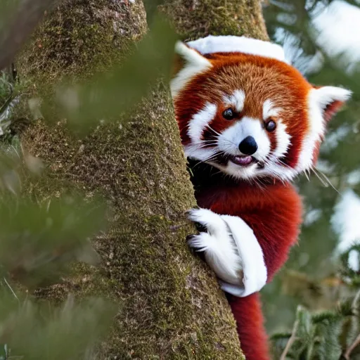 Image similar to a red panda wearing a christmas hat in a tree