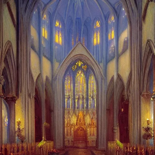 Prompt: interior of a cathedral painted by Thomas Kinkade