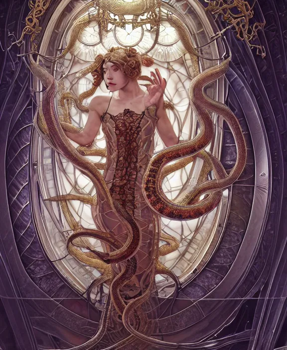 Image similar to intricate orderly opulent transparent clear see - through portrait of a scary beautiful masculine snake, fractal, mechanical, sci - fi environment, ultra realistic, concept art, art nouveau, photorealistic, octane render, 8 k, unreal engine. art by nori inoguchi and sam kaplan and zachary goulko and christopher marley and artgerm and alphonse mucha