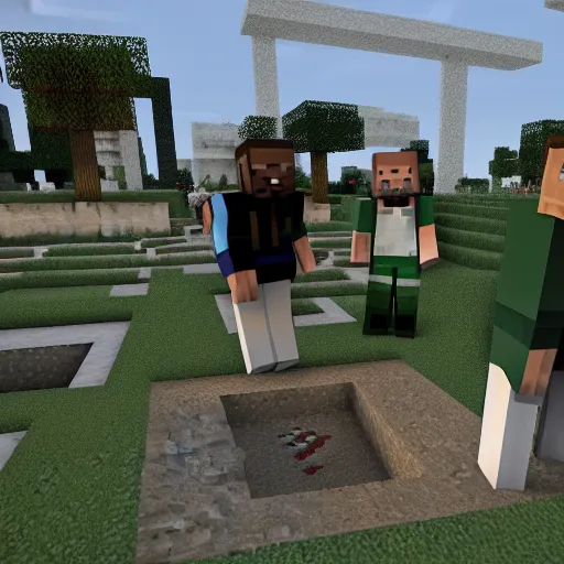 Prompt: dream from minecraft peeing on ronald reagan's grave, hyper realistic, prerendered graphics, dynamic lighting, volumetric lighting, sharp focus, hyperdetailed, realistic