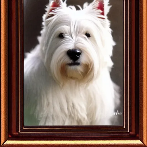 Image similar to west highland terrier, polaroid by Tarkowski, very realistic, highly detailed