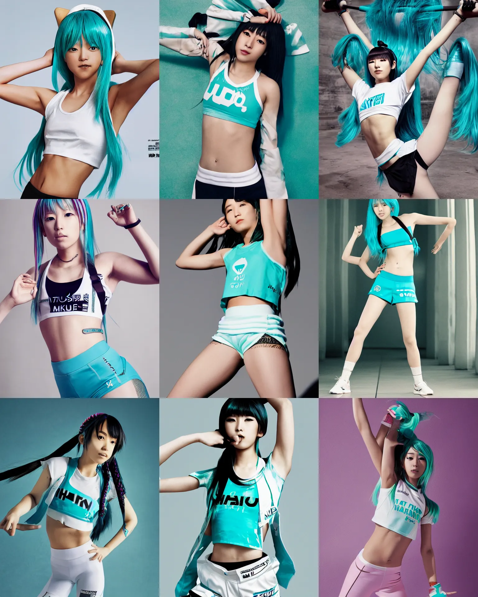 Prompt: hatsune miku wearing crop gym top with white lettering, crop yoga short, Advertising photography by Mario Testino, masterwork, cgstudio