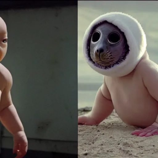 Prompt: cyborg baby seal with white muscles and no face, film still from west world
