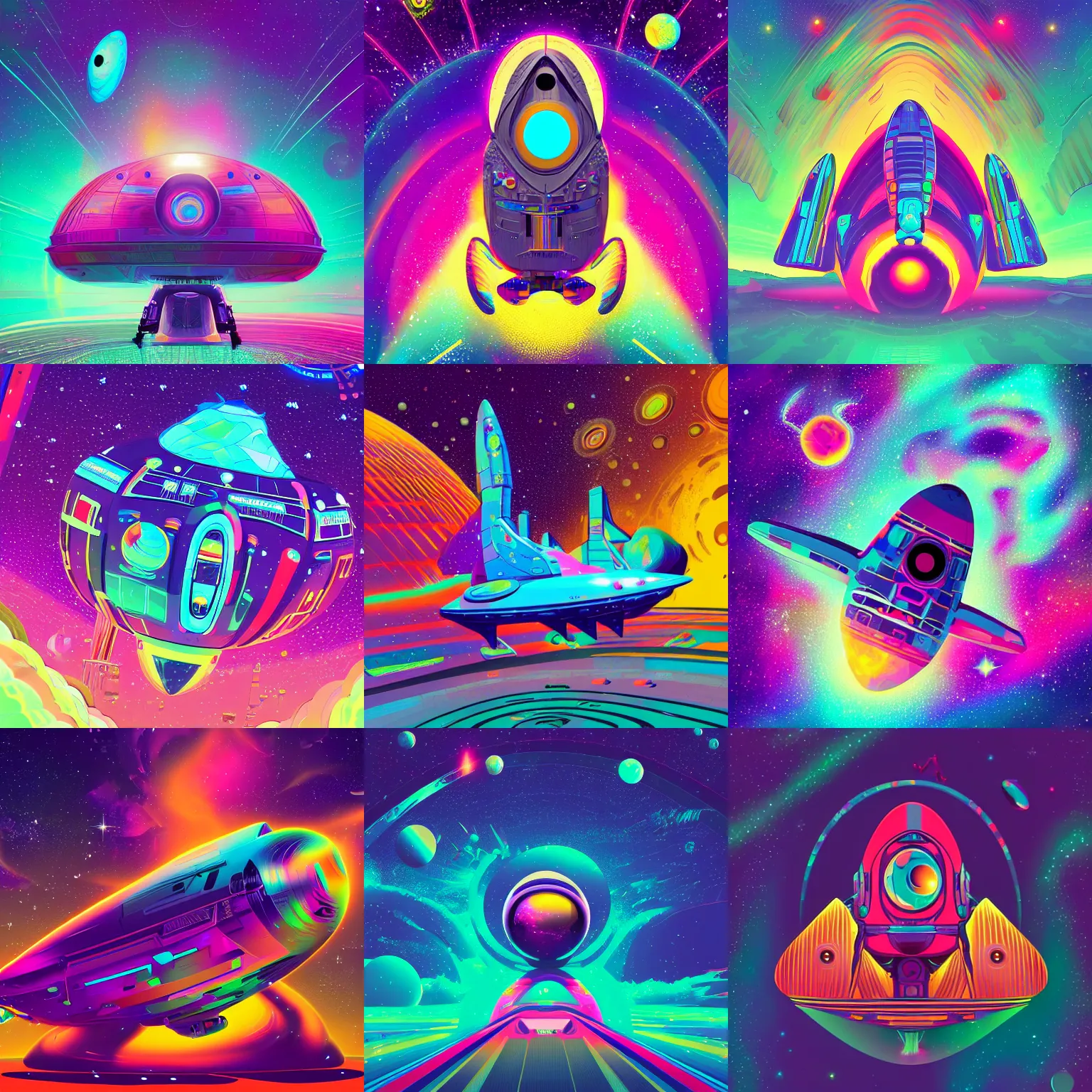 Prompt: spaceship in front of galaxies, vector art, digital art, vibrant colors, artstation, hyper detailed, beeple, lisa frank