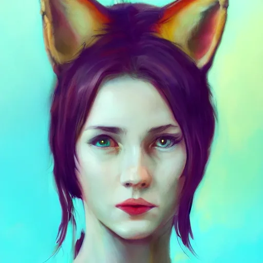 Prompt: midjourney :: a painting of a woman with a fox on her head, cyberpunk art by Sam Spratt, featured on Artstation, furry art, darksynth, artstation hd, 2d game art