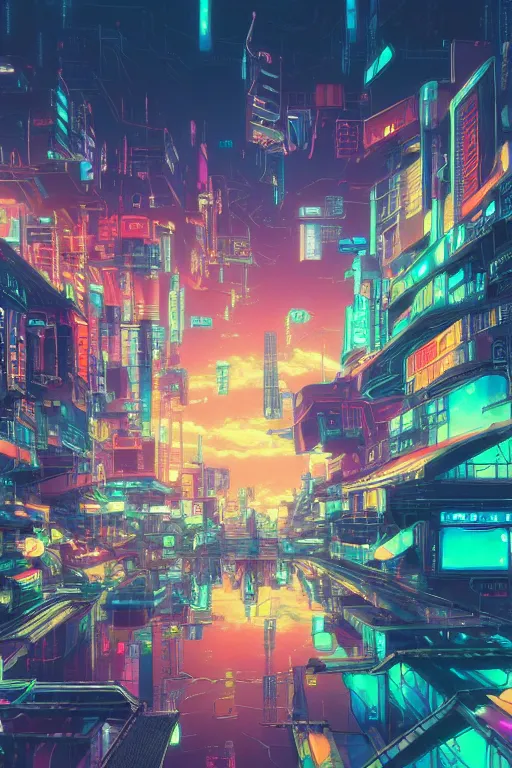 Prompt: A digital dreamscape, beautiful ultradetailed cyberpunk anime illustration of a city, vibrant colors, studio ghibli, by beeple, makoto shinkai, and thomas kinkade, anime art wallpaper 4k, trending on artstation