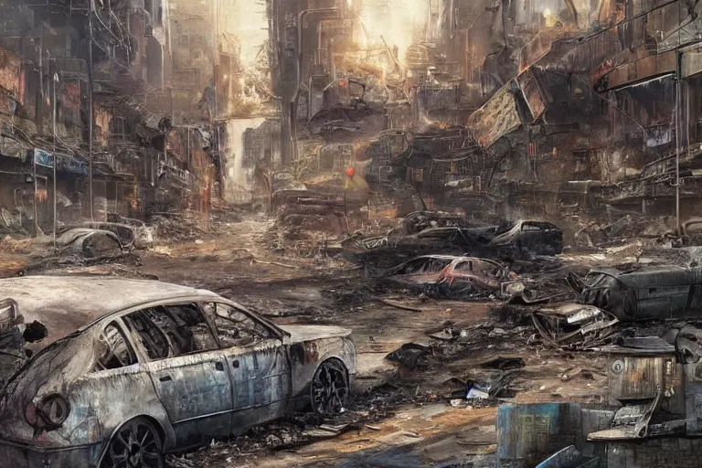 Image similar to the answer to the life!dream a lone wanderer in a dystopian city with lots of debris, cars, and fires, extremely detailed painting