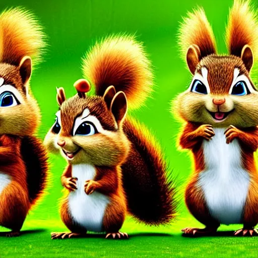 Image similar to alvin and the chipmunks, real life size, real life squirrels