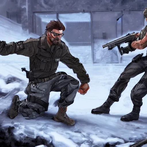 Image similar to Solid Snake and Gordon Freeman fight on an abandoned military base, winter, very detailed, hyper realism, epic, close-up fight, digital art, concept art, illustration, artstation, cgi, 4k