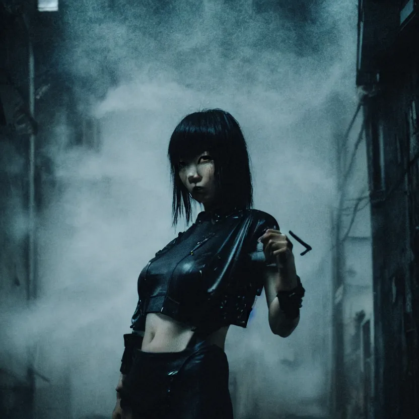 Prompt: a photo close up cyberpunk woman, knife dance in cyberpunk dirty alley, smoke mist rain, cyberpunk gunma prefecture, midnight, photorealistic, cinematic color, studio lighting, highly detailed, bokeh, style by tomino - sama