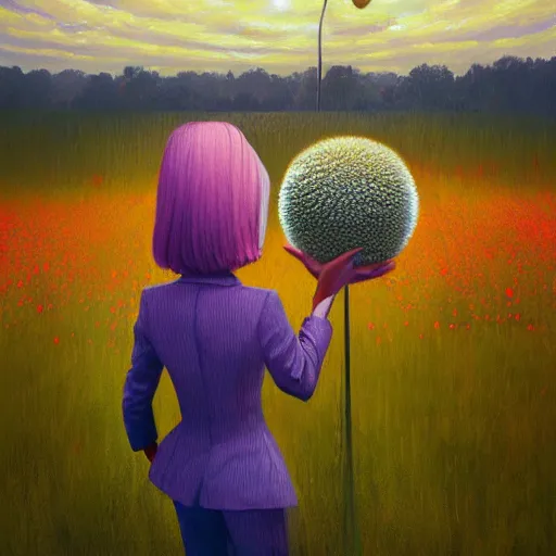 Image similar to giant daisy flower head, frontal, a girl in a suit, surreal photography, sunrise, dramatic light, impressionist painting, digital painting, artstation, simon stalenhag