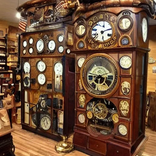 Prompt: interior of a small steampunk clock shop, father time, nautical wooden grandfather clocks everywhere, realistic, very intricate hyper detailed masterpiece