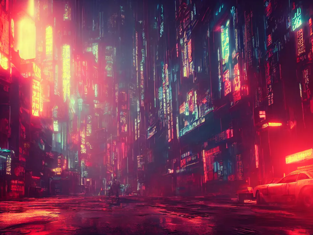 Image similar to cyberpunk lovecraft vibe in blade runner with hiromasa ogura set design, epic exterior streetscape with flying cars, high octane, stunning cinematic lighting, dark mood, abstract wet misty drizzling atmosphere, cthulhu, neon light bloom, light leaks 4 k unreal engine render lens flare