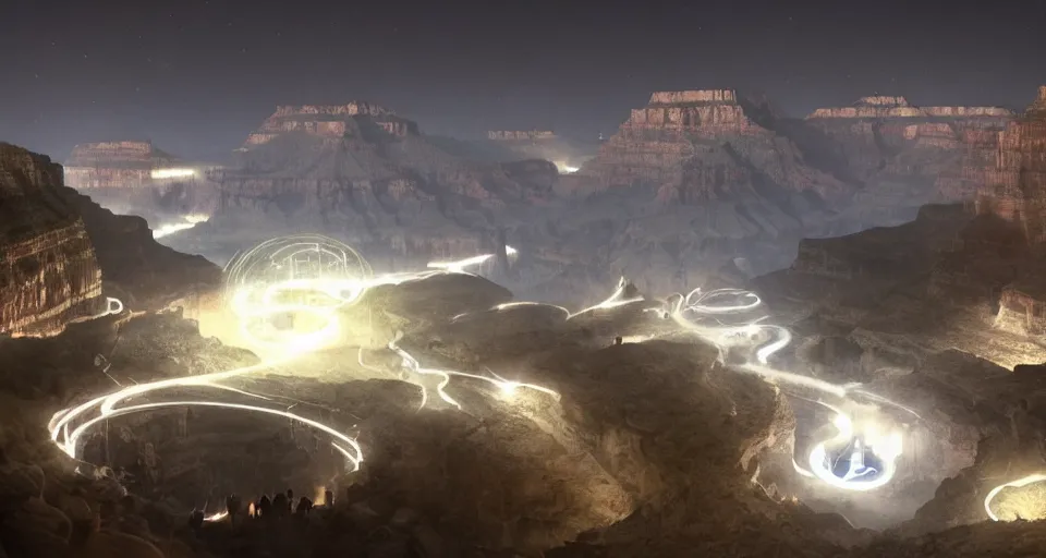 Image similar to night, a lot of people and a spiral - shaped white luminous attractor is floating in grand canyon, concept art, art for the game, professional lighting, art