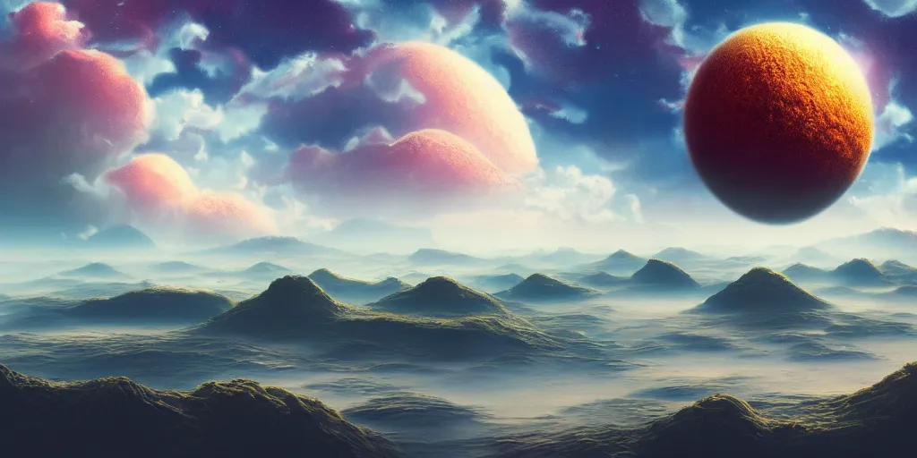 Image similar to a view of a surreal alien variated planet landscape, surreal clouds, floating islands, 4 k, retro, detailed, beautiful view, trending on artstation