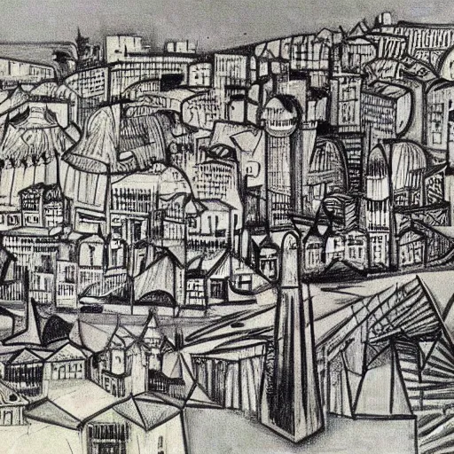 Prompt: istanbul, bird's eye view, detailed, drawn by picasso, cubism