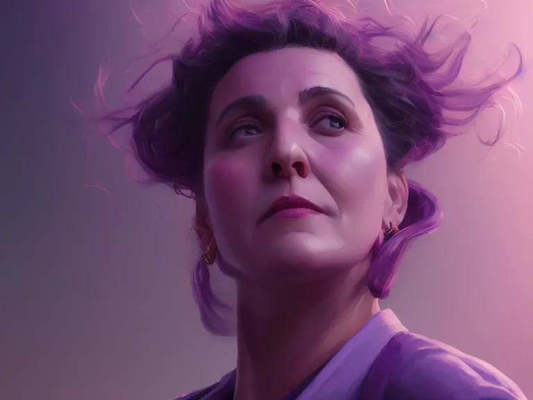 Prompt: portrait of elaine benes from seinfeld, rule of thirds, violet gradient, photorealistic facial features, league of legends splash art, by chengwei pan, huang guangjian, viktoria gavrilenko, artgerm, greg rutkowski, 8 k, octane, digital painting, artstation