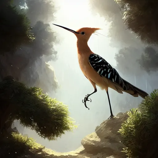 Image similar to hoopoe with open crest in avila pinewood, 4 k, concept art, by wlop, ilya kuvshinov, artgerm, krenz cushart, greg rutkowski, pixiv. cinematic dramatic atmosphere, sharp focus, volumetric lighting, cinematic lighting, studio quality