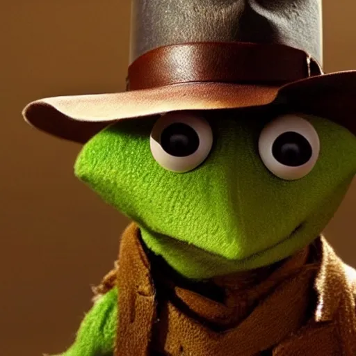 Prompt: A still of Kermit as Indiana Jones from Raiders of the Lost Ark. Extremely detailed.