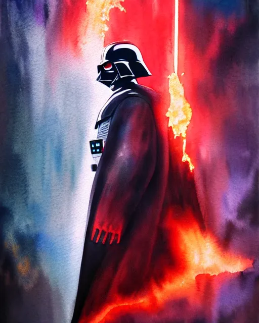 Image similar to watercolor painting portrait of darth vader, burning city background, high production value, intricate details, high resolution, hdr, high definition, masterpiece, realistic, ultrarealistic, highly detailed, hd, sharp focus, non blurry, sharp, smooth