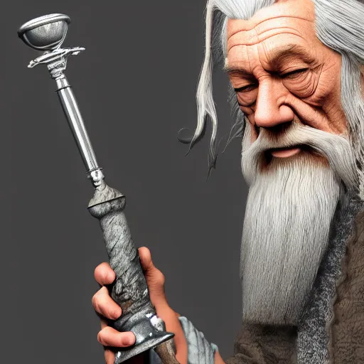 Prompt: photorealism render of Gandalf the Grey getting high from a bong