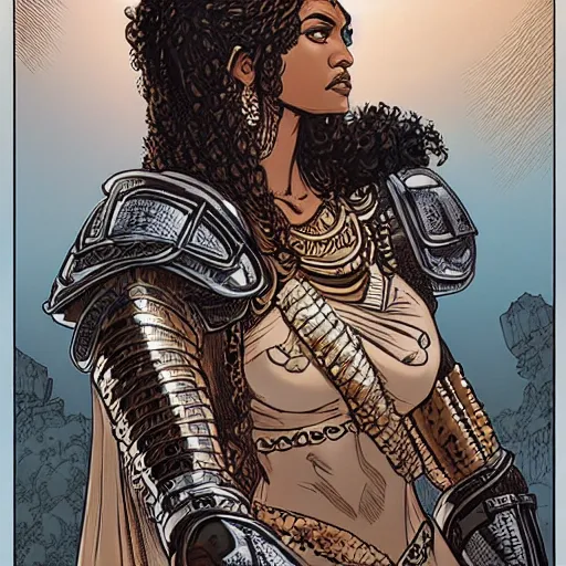 Prompt: greek amazon warrior, a tall beautiful woman with brown skin and long curly dark hair, dressed in hellenistic body armour, intricate, elegant, highly detailed, smooth, sharp focus, detailed face, high contrast, graphic novel, art by laurie greasley,