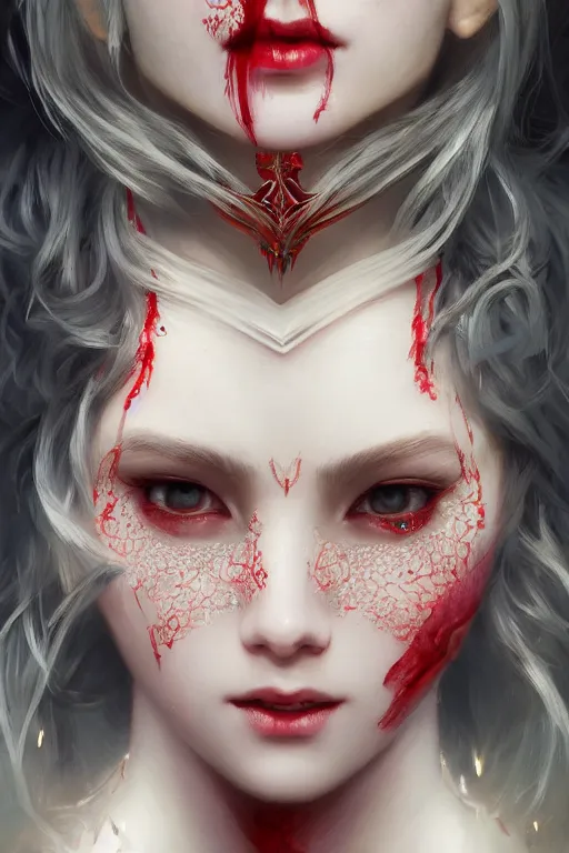 Prompt: close up portrait, beautiful vampire, crystaline diamond armor, intricate lights,, red tattoos, by ruan jia and artgerm and range murata and wlop and ross tran and william - adolphe bouguereau and beeple. realistic hair fantasy illustration. award winning, artstation, intricate details, realistic, hyper detailed 8 k resolution
